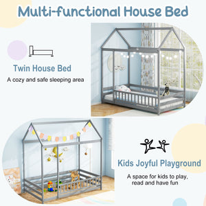 Twin Size Kids House Bed Wooden Floor Bed with Roof and Full-length Safety Guardrail-Gray view 7