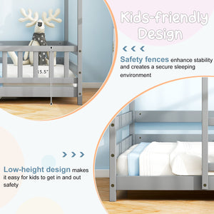 Twin Size Kids House Bed Wooden Floor Bed with Roof and Full-length Safety Guardrail-Gray view 8