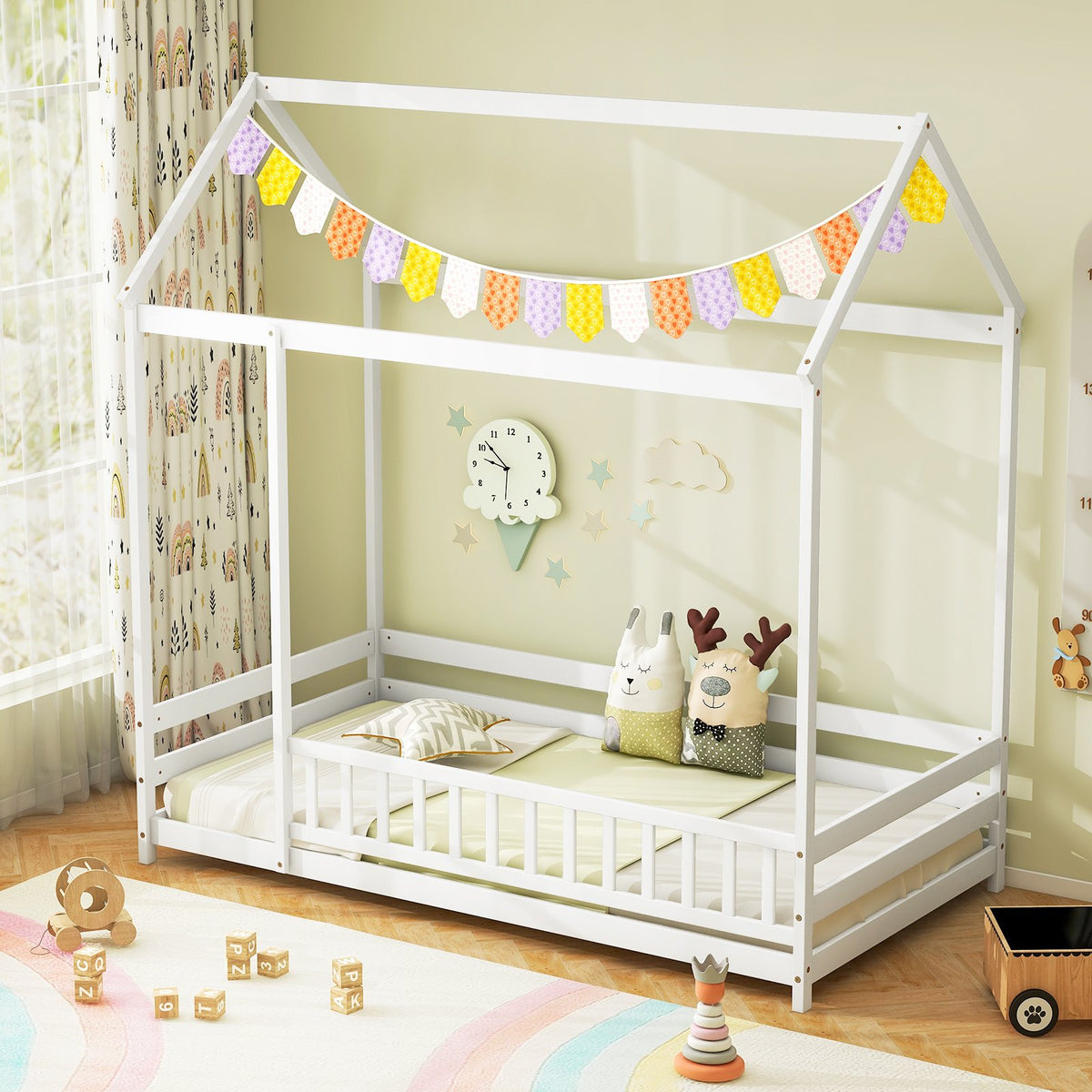 Twin Size Kids House Bed Wooden Floor Bed with Roof and Full-length Safety Guardrail-White view 2
