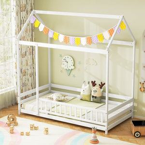 Twin Size Kids House Bed Wooden Floor Bed with Roof and Full-length Safety Guardrail-White view 2