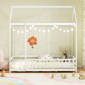 Twin Size Kids House Bed Wooden Floor Bed with Roof and Full-length Safety Guardrail-White view 3