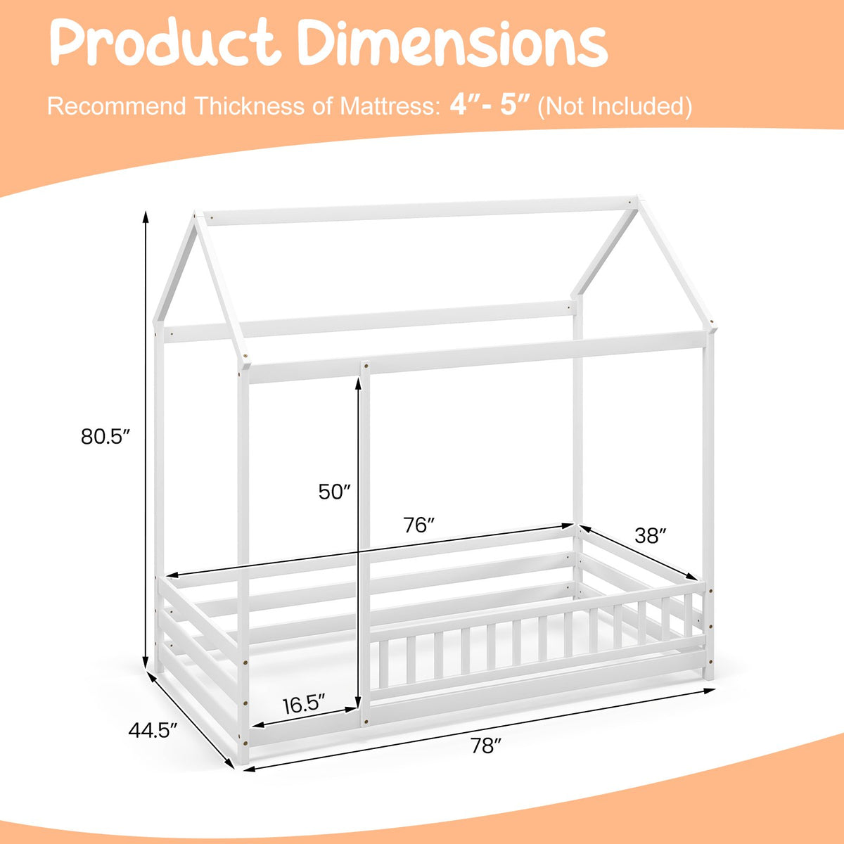 Twin Size Kids House Bed Wooden Floor Bed with Roof and Full-length Safety Guardrail-White view 4