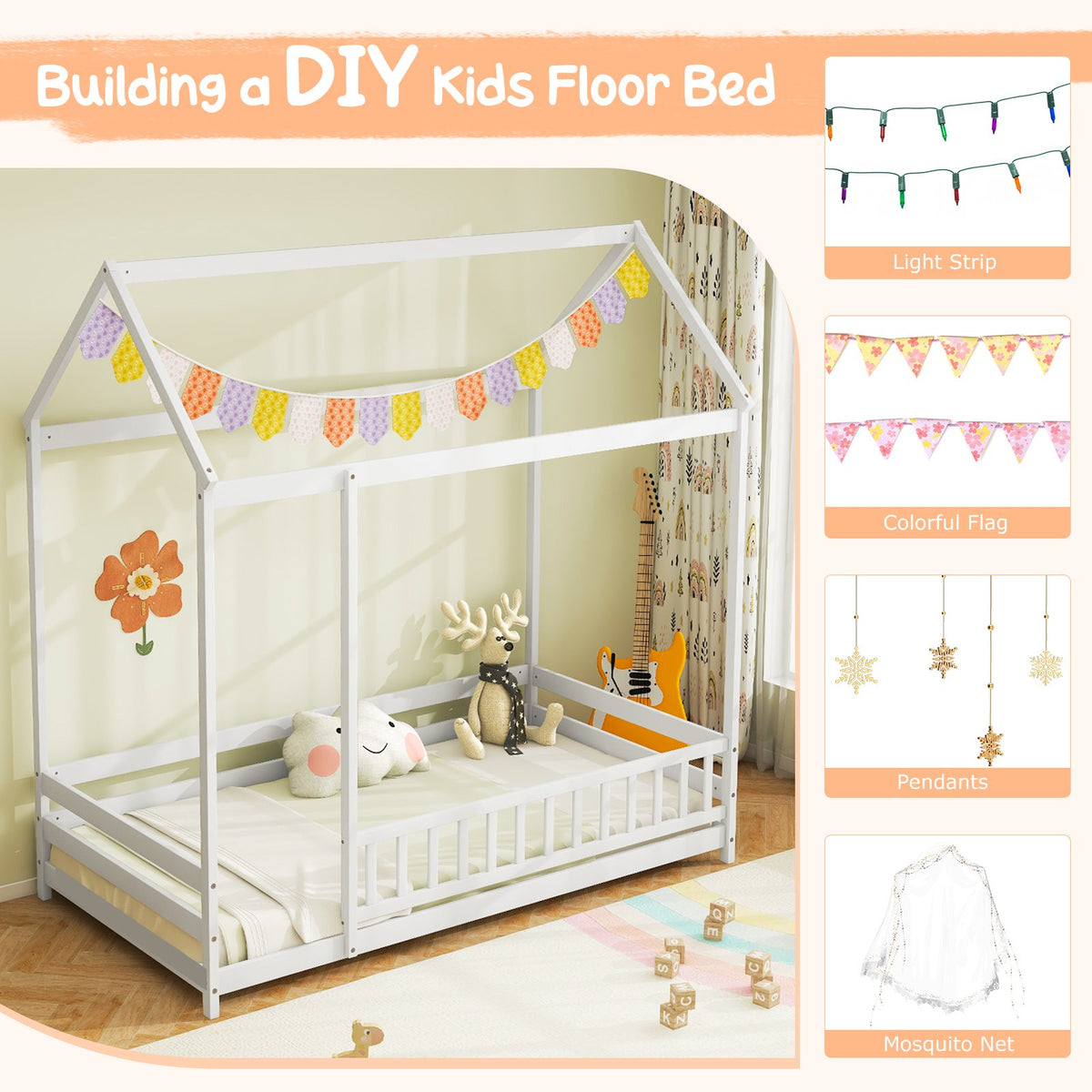 Twin Size Kids House Bed Wooden Floor Bed with Roof and Full-length Safety Guardrail-White view 5