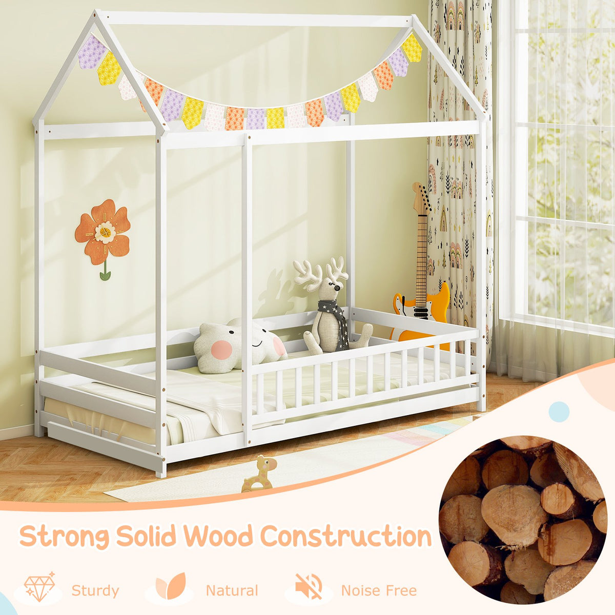 Twin Size Kids House Bed Wooden Floor Bed with Roof and Full-length Safety Guardrail-White view 6