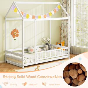 Twin Size Kids House Bed Wooden Floor Bed with Roof and Full-length Safety Guardrail-White view 6