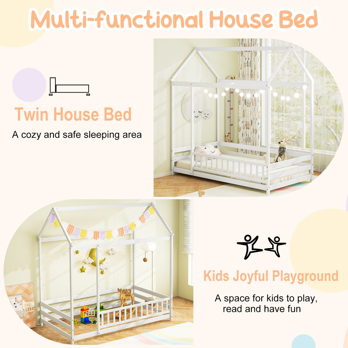 Twin Size Kids House Bed Wooden Floor Bed with Roof and Full-length Safety Guardrail-White view 7