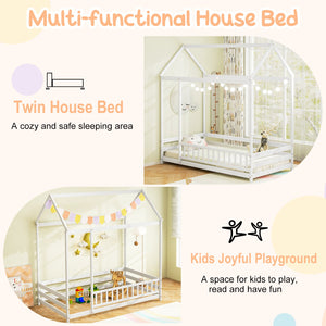 Twin Size Kids House Bed Wooden Floor Bed with Roof and Full-length Safety Guardrail-White view 7