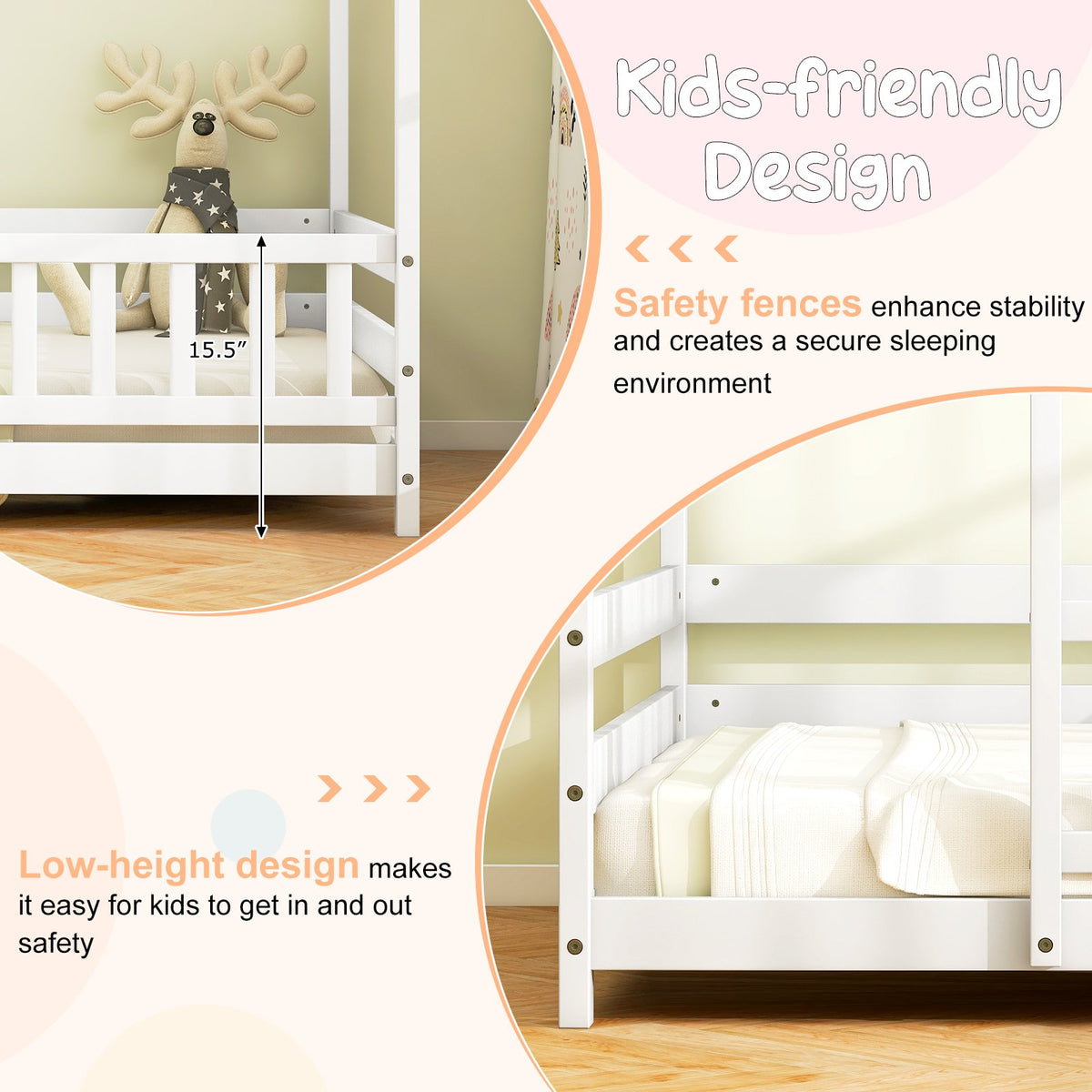 Twin Size Kids House Bed Wooden Floor Bed with Roof and Full-length Safety Guardrail-White view 8