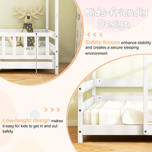 Twin Size Kids House Bed Wooden Floor Bed with Roof and Full-length Safety Guardrail-White view 8