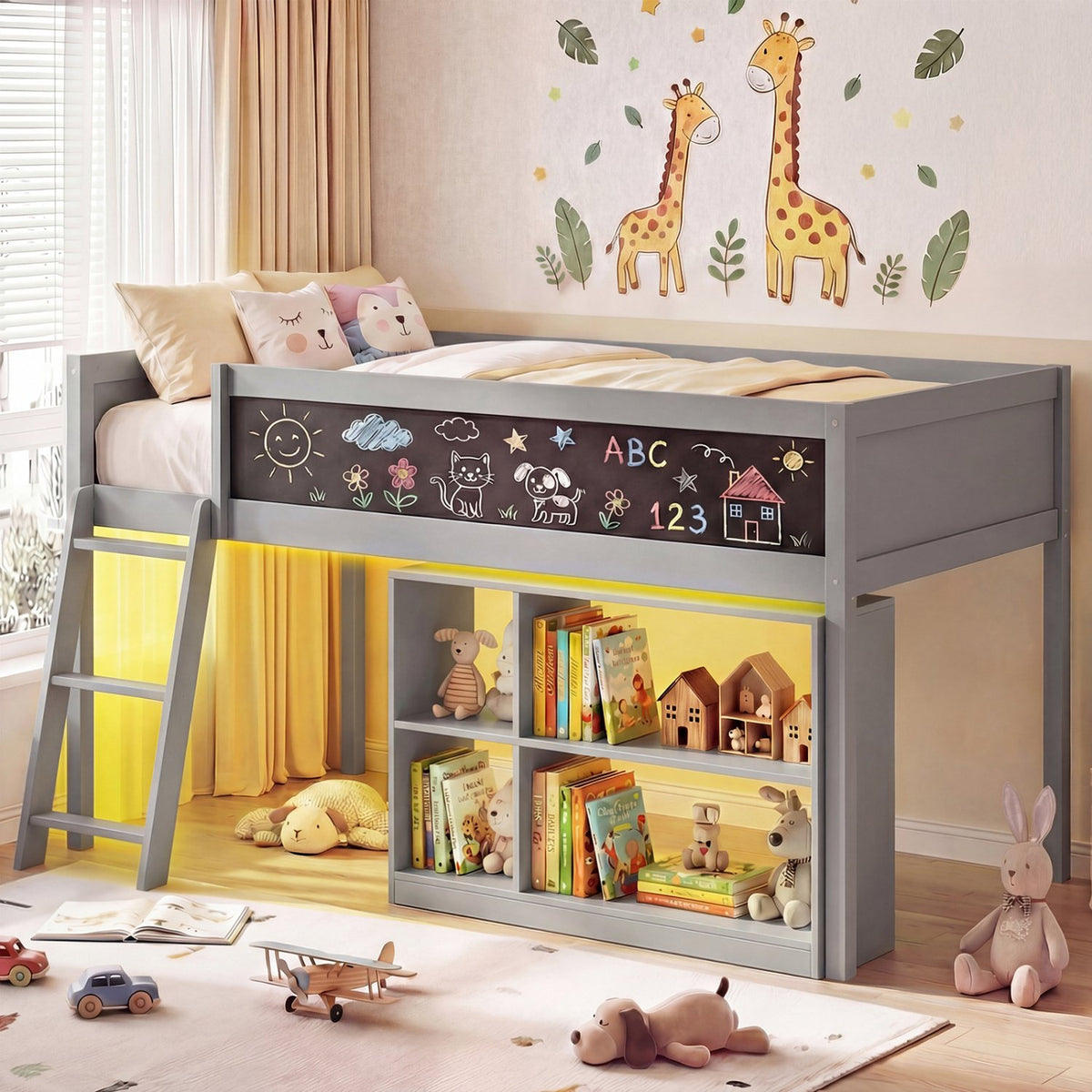Twin Size Kids Loft Bed with LED Lights and Removable Bookcase-Gray view 2