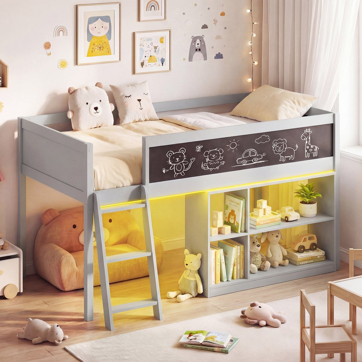 Twin Size Kids Loft Bed with LED Lights and Removable Bookcase-Gray view 3