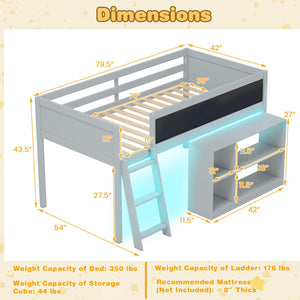 Twin Size Kids Loft Bed with LED Lights and Removable Bookcase-Gray view 4
