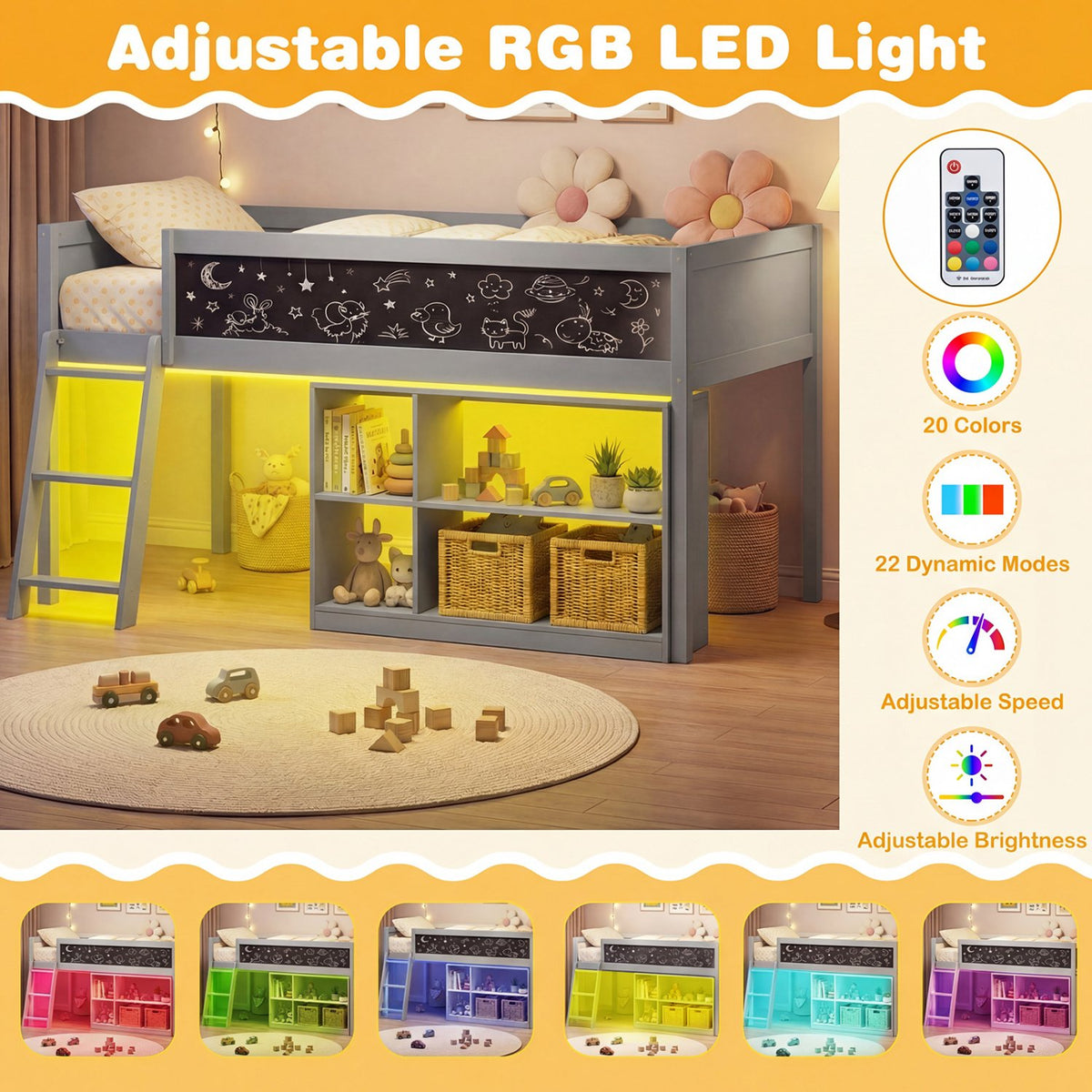 Twin Size Kids Loft Bed with LED Lights and Removable Bookcase-Gray view 5