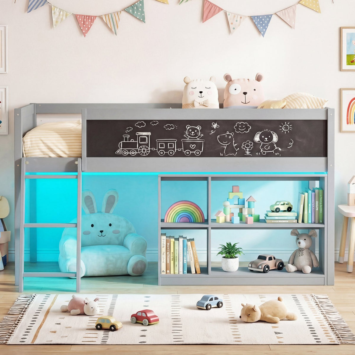 Twin Size Kids Loft Bed with LED Lights and Removable Bookcase-Gray view 9