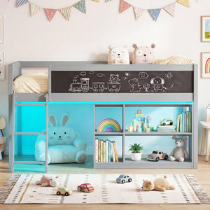 Twin Size Kids Loft Bed with LED Lights and Removable Bookcase-Gray view 9