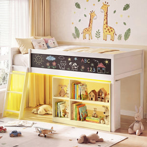 Twin Size Kids Loft Bed with LED Lights and Removable Bookcase-White view 2