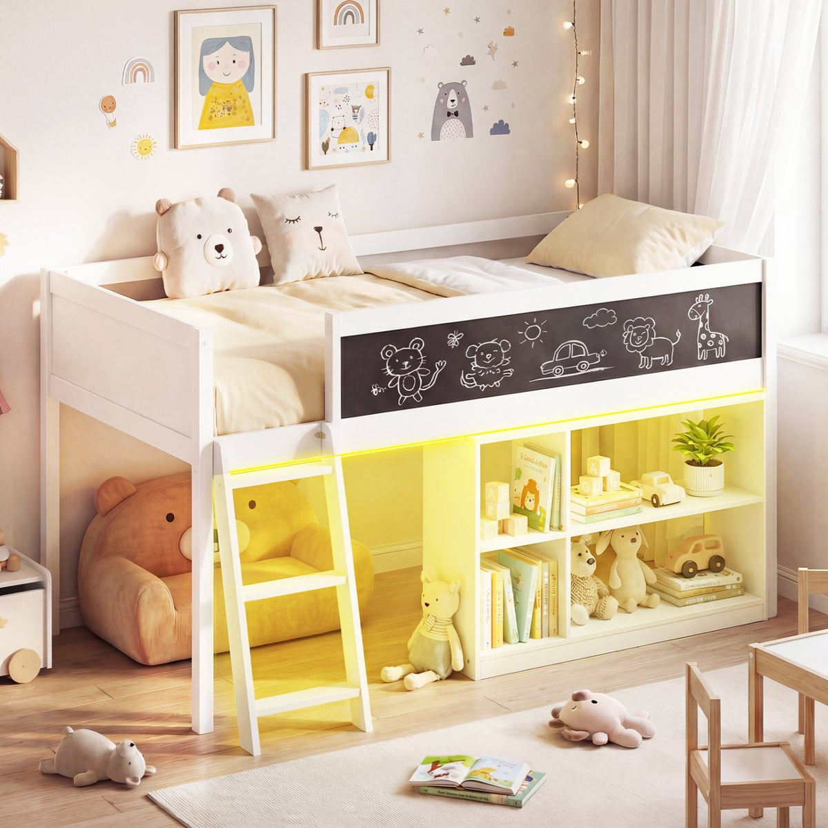Twin Size Kids Loft Bed with LED Lights and Removable Bookcase-White view 3