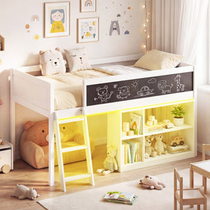 Twin Size Kids Loft Bed with LED Lights and Removable Bookcase-White view 3