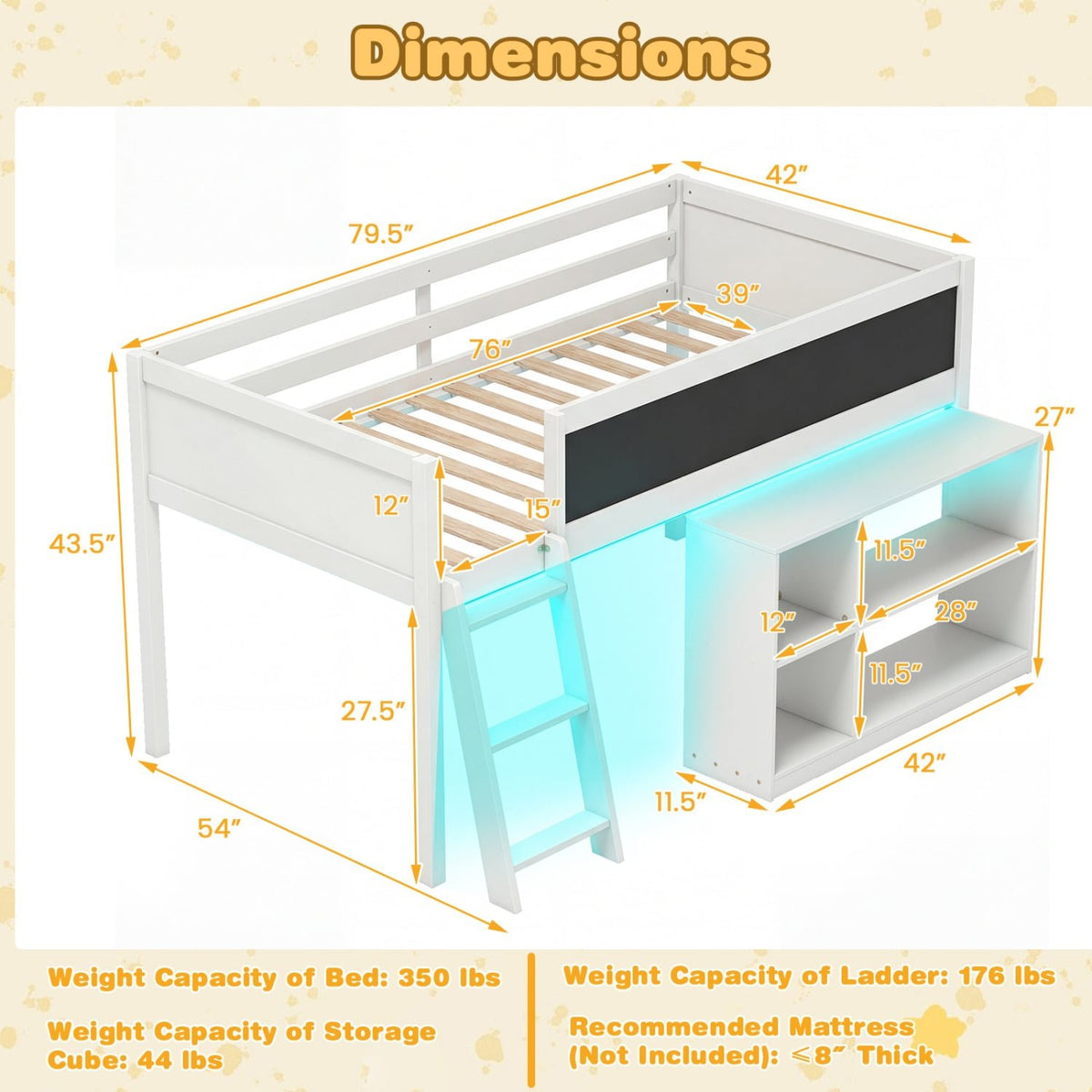 Twin Size Kids Loft Bed with LED Lights and Removable Bookcase-White view 4