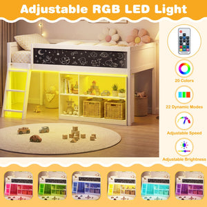 Twin Size Kids Loft Bed with LED Lights and Removable Bookcase-White view 5