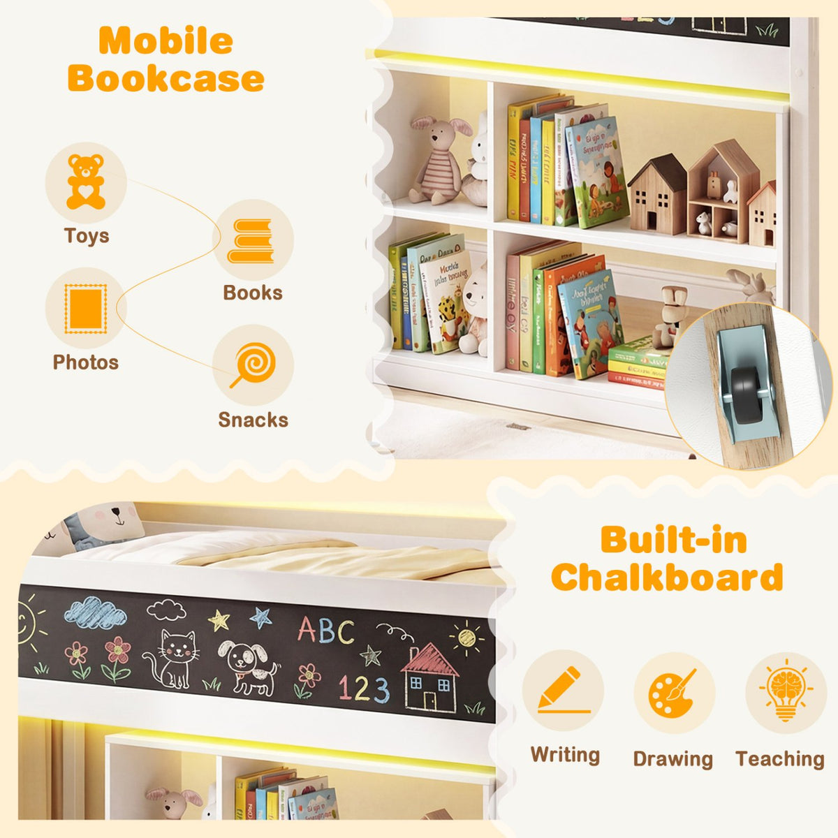 Twin Size Kids Loft Bed with LED Lights and Removable Bookcase-White view 6