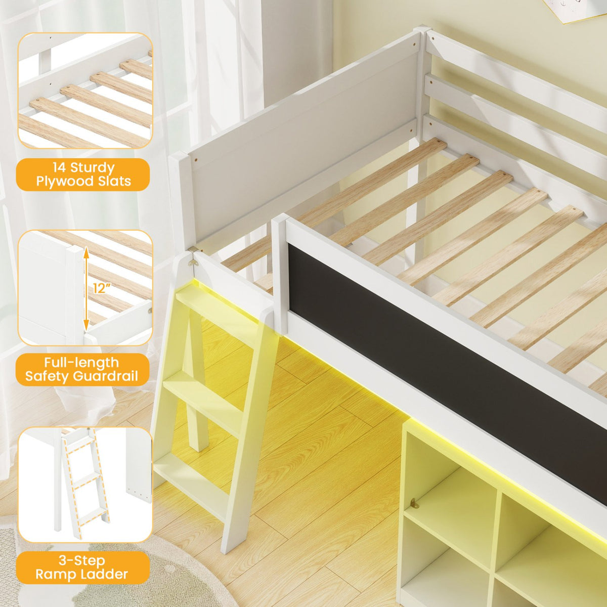 Twin Size Kids Loft Bed with LED Lights and Removable Bookcase-White view 7