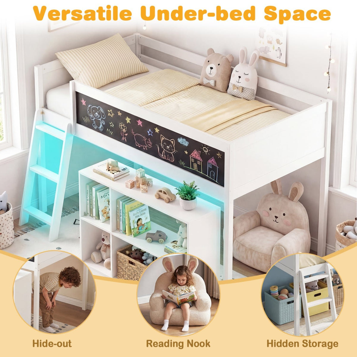 Twin Size Kids Loft Bed with LED Lights and Removable Bookcase-White view 8