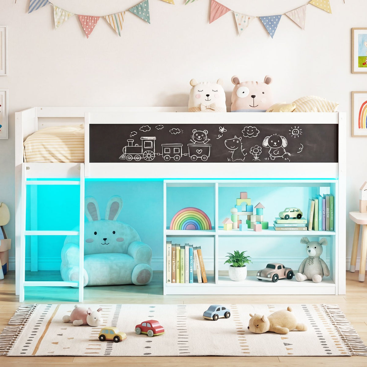 Twin Size Kids Loft Bed with LED Lights and Removable Bookcase-White view 9