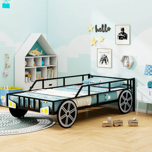 Twin-Size Kids Metal Bed Frame Car-Shaped with Safety Guardrails-Twin Size view 2