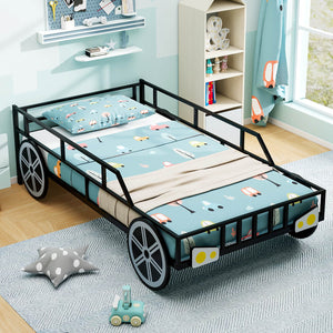 Twin-Size Kids Metal Bed Frame Car-Shaped with Safety Guardrails-Twin Size view 3