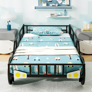 Twin-Size Kids Metal Bed Frame Car-Shaped with Safety Guardrails-Twin Size view 4