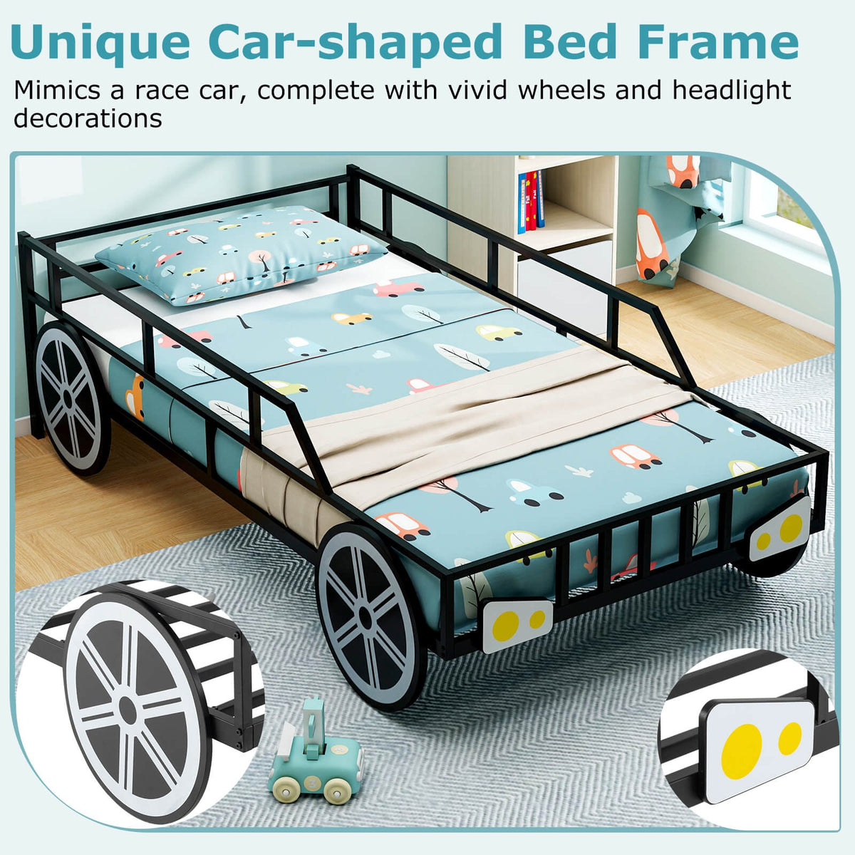 Twin-Size Kids Metal Bed Frame Car-Shaped with Safety Guardrails-Twin Size view 5