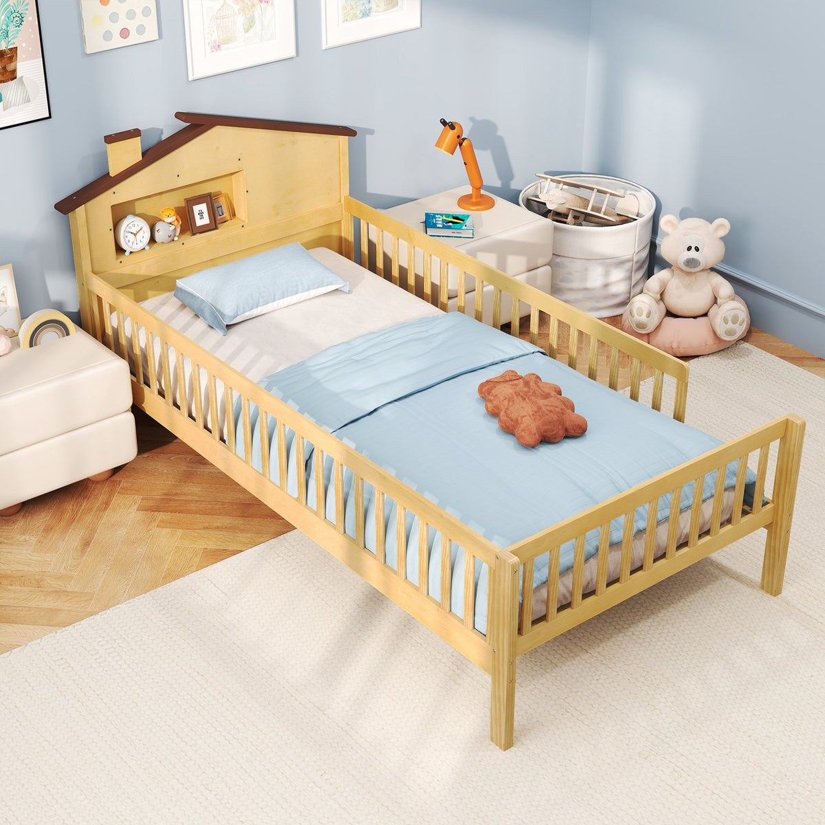 Twin Size Kids Montessori Bed with House-Shaped Headboard and Built-in Storage Shelf-Natural view 3