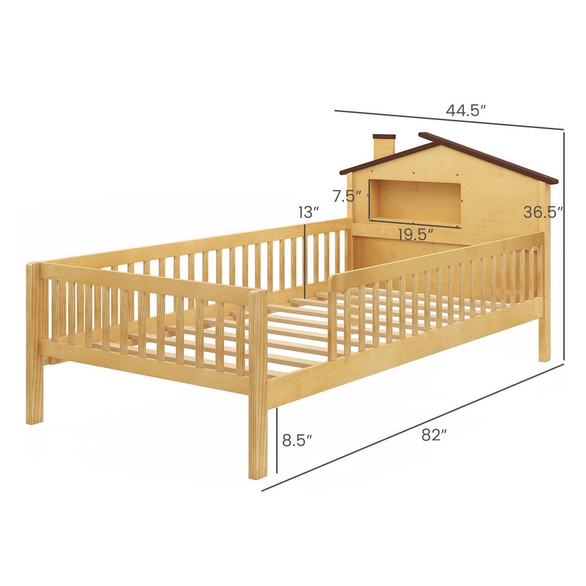 Twin Size Kids Montessori Bed with House-Shaped Headboard and Built-in Storage Shelf-Natural view 4
