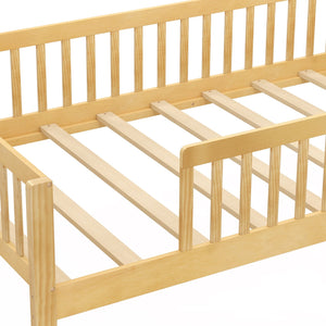 Twin Size Kids Montessori Bed with House-Shaped Headboard and Built-in Storage Shelf-Natural view 5