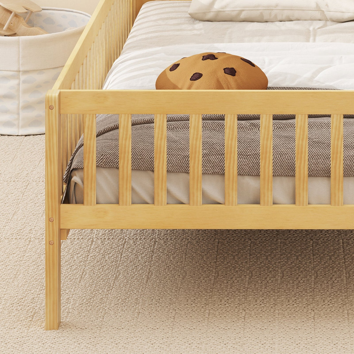 Twin Size Kids Montessori Bed with House-Shaped Headboard and Built-in Storage Shelf-Natural view 6