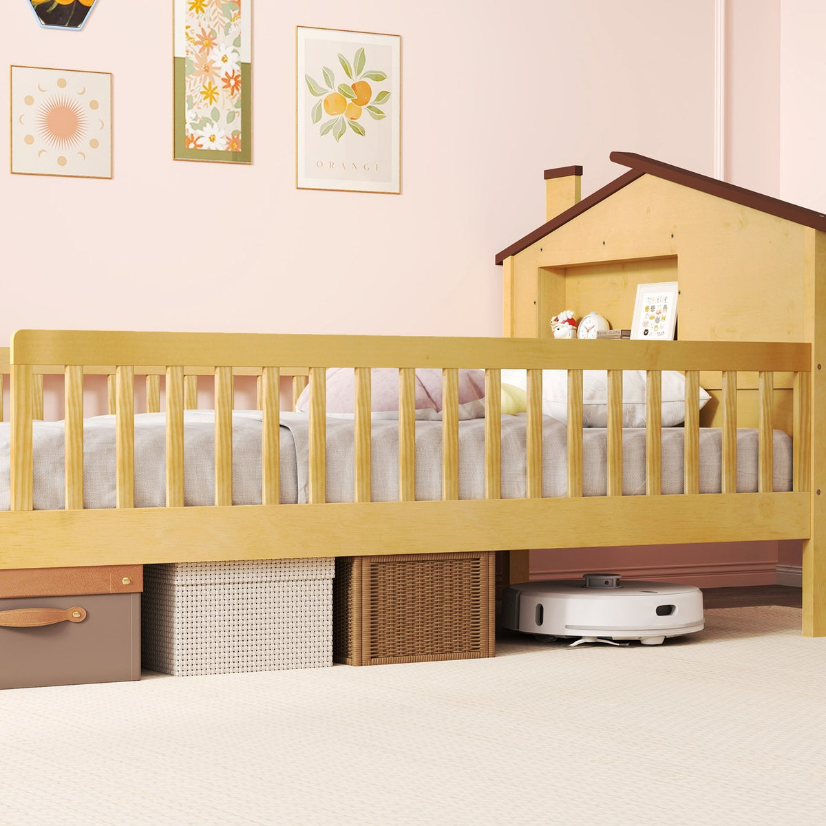 Twin Size Kids Montessori Bed with House-Shaped Headboard and Built-in Storage Shelf-Natural view 7