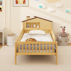 Twin Size Kids Montessori Bed with House-Shaped Headboard and Built-in Storage Shelf-Natural view 8