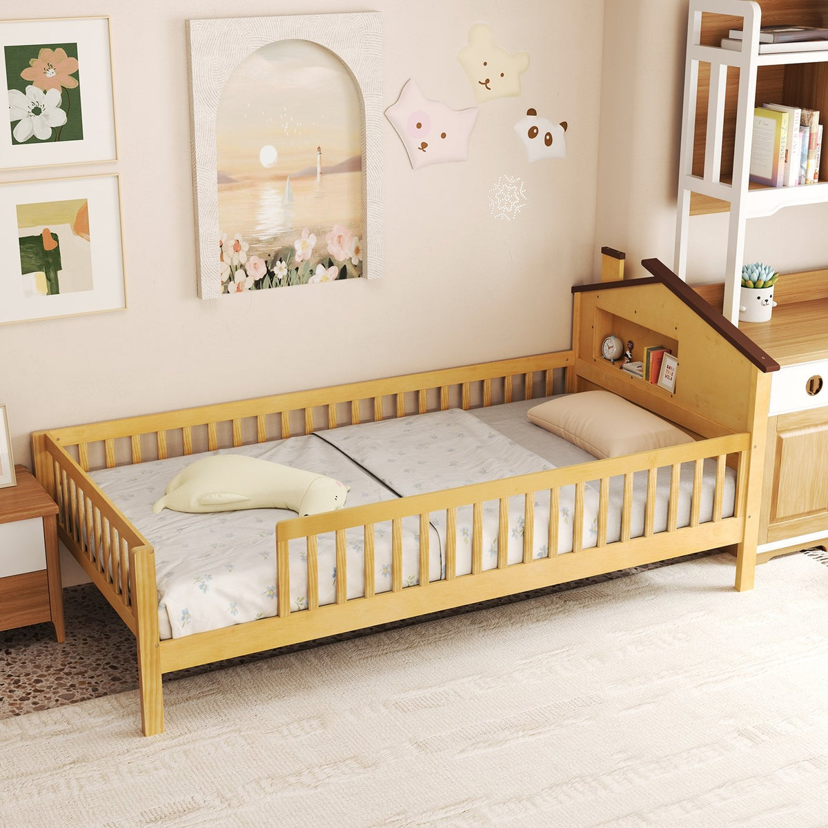 Twin Size Kids Montessori Bed with House-Shaped Headboard and Built-in Storage Shelf-Natural view 9
