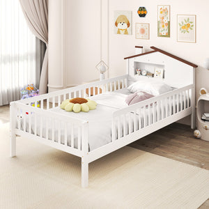 Twin Size Kids Montessori Bed with House-Shaped Headboard and Built-in Storage Shelf-White view 2