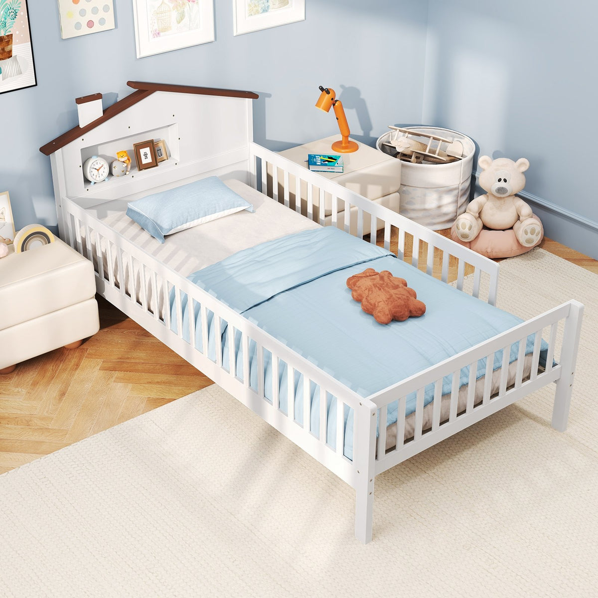 Twin Size Kids Montessori Bed with House-Shaped Headboard and Built-in Storage Shelf-White view 3