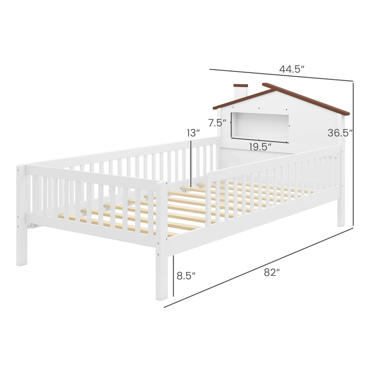 Twin Size Kids Montessori Bed with House-Shaped Headboard and Built-in Storage Shelf-White view 4