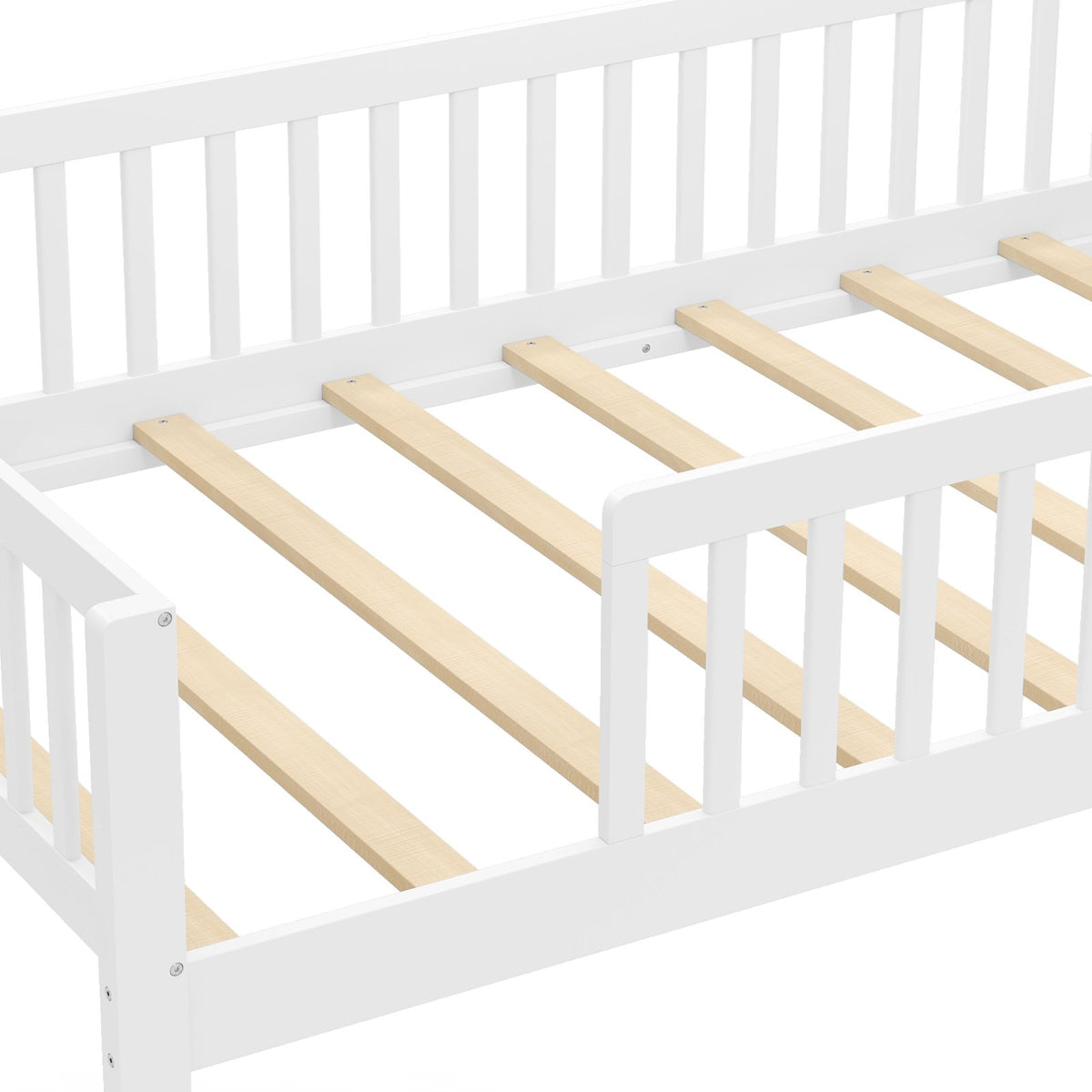 Twin Size Kids Montessori Bed with House-Shaped Headboard and Built-in Storage Shelf-White view 5
