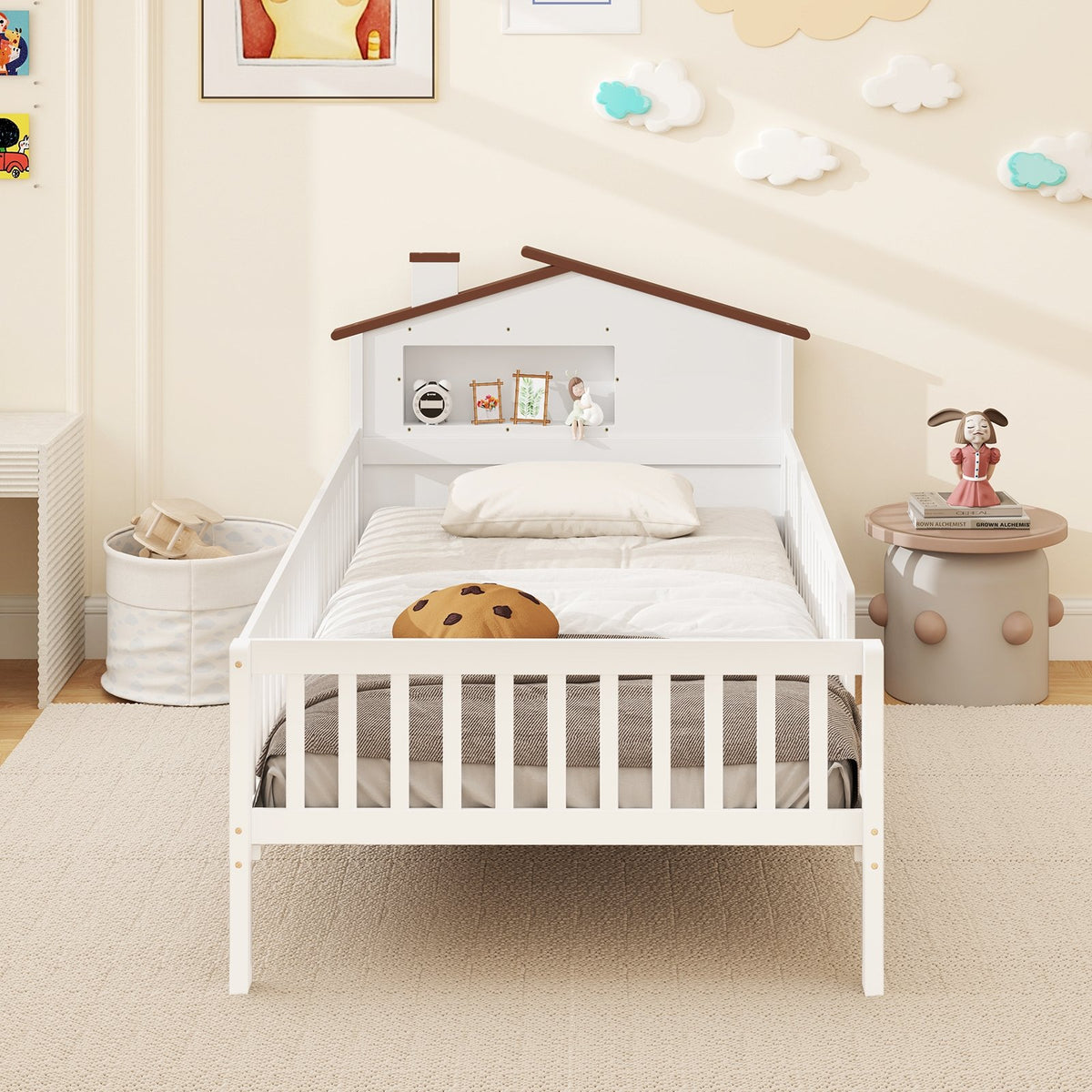Twin Size Kids Montessori Bed with House-Shaped Headboard and Built-in Storage Shelf-White view 8
