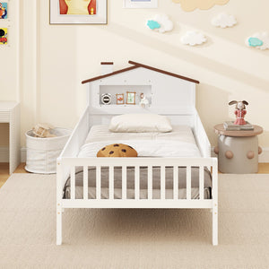 Twin Size Kids Montessori Bed with House-Shaped Headboard and Built-in Storage Shelf-White view 8