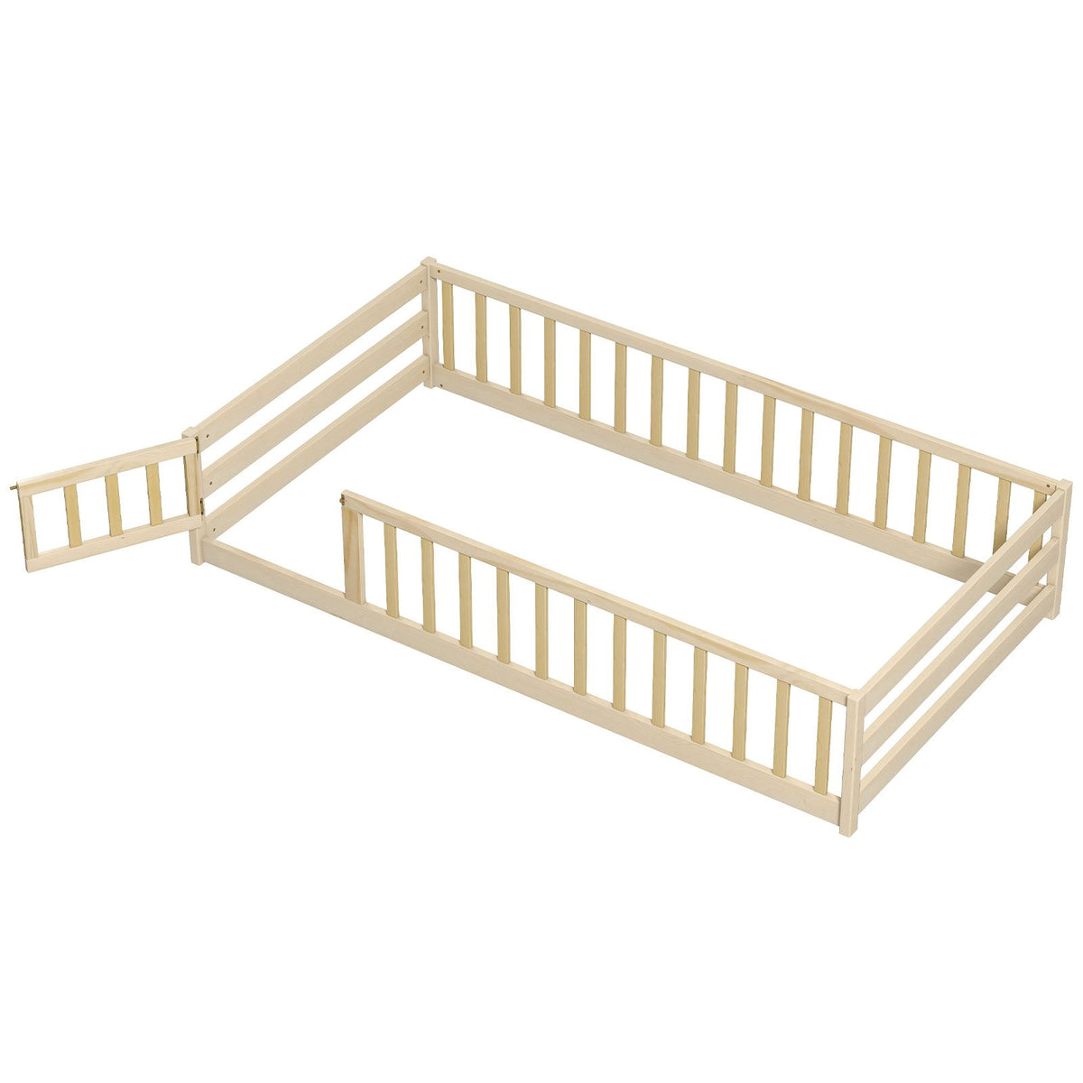 Twin Size Kids Wood Montessori Floor Bed with Door and Fence-Natural