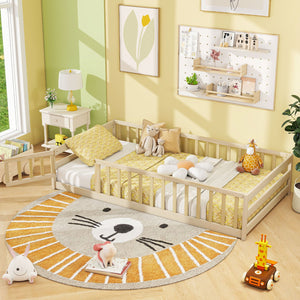 Twin Size Kids Wood Montessori Floor Bed with Door and Fence-Natural view 2