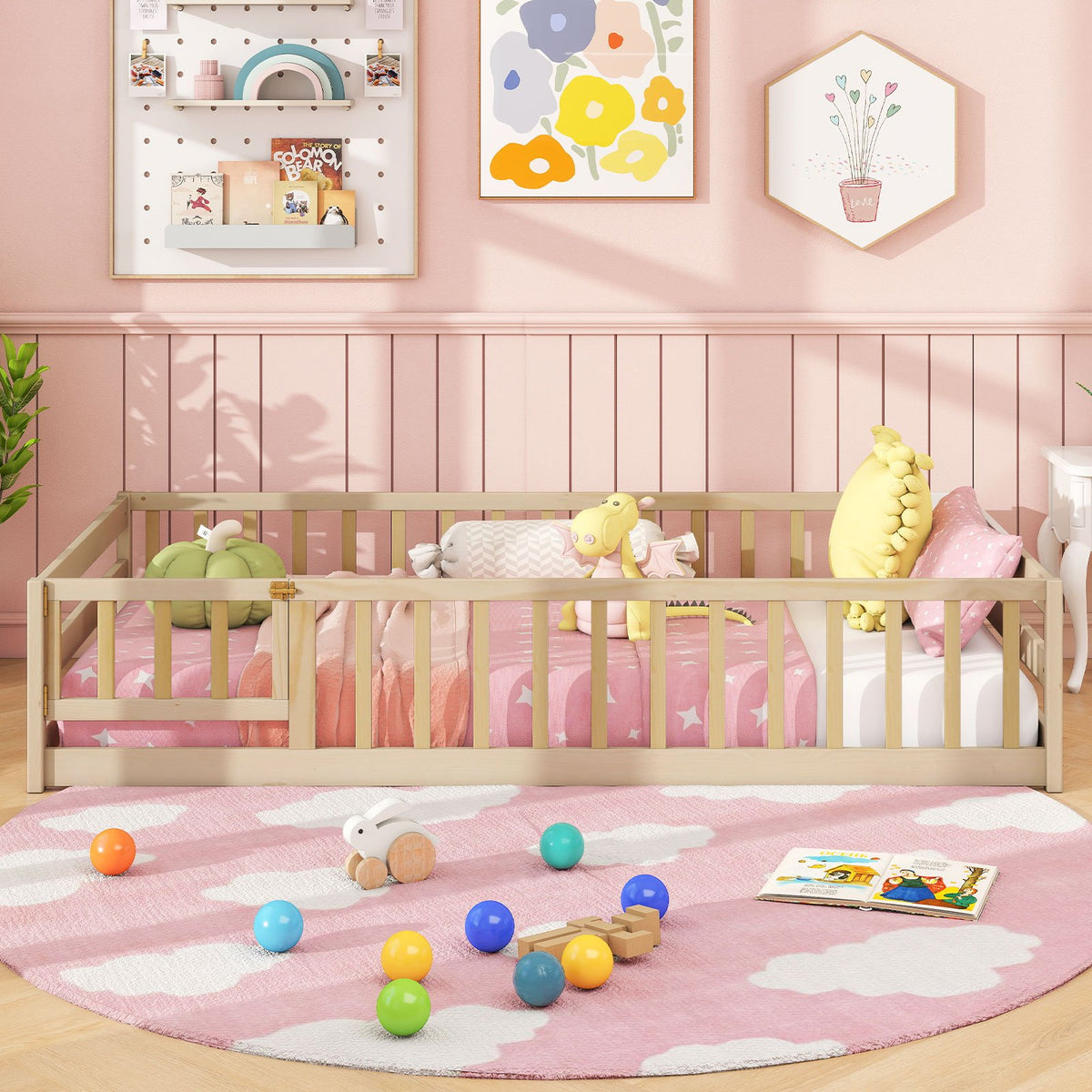 Twin Size Kids Wood Montessori Floor Bed with Door and Fence-Natural view 3