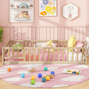 Twin Size Kids Wood Montessori Floor Bed with Door and Fence-Natural view 3