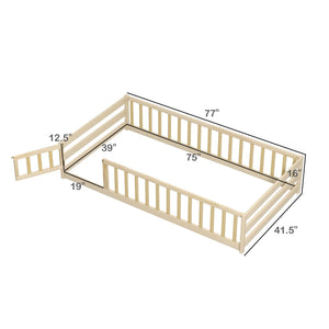 Twin Size Kids Wood Montessori Floor Bed with Door and Fence-Natural view 4